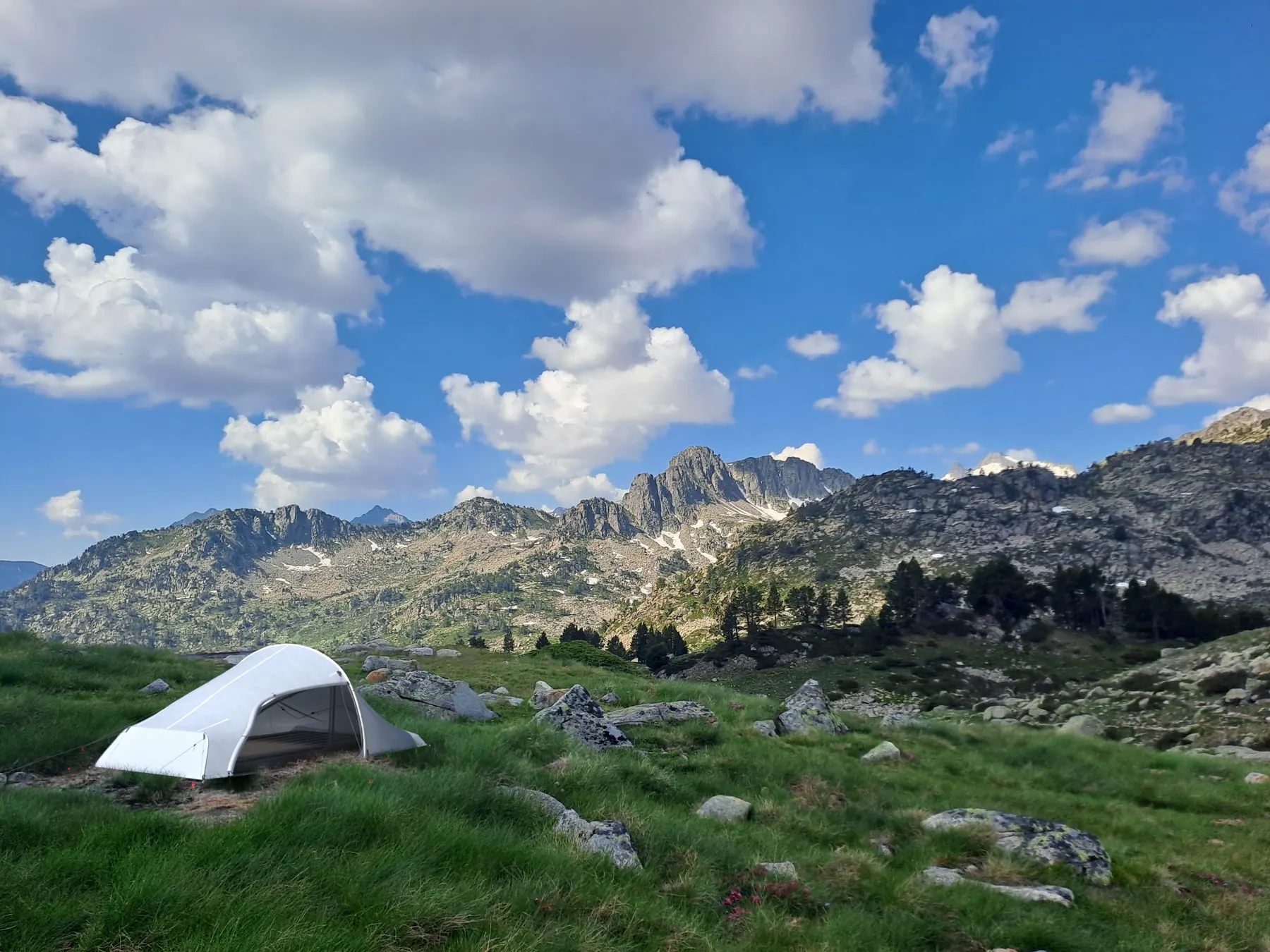 JÖRD 2 sur une pelouse des Pyrénées, sommets en fond